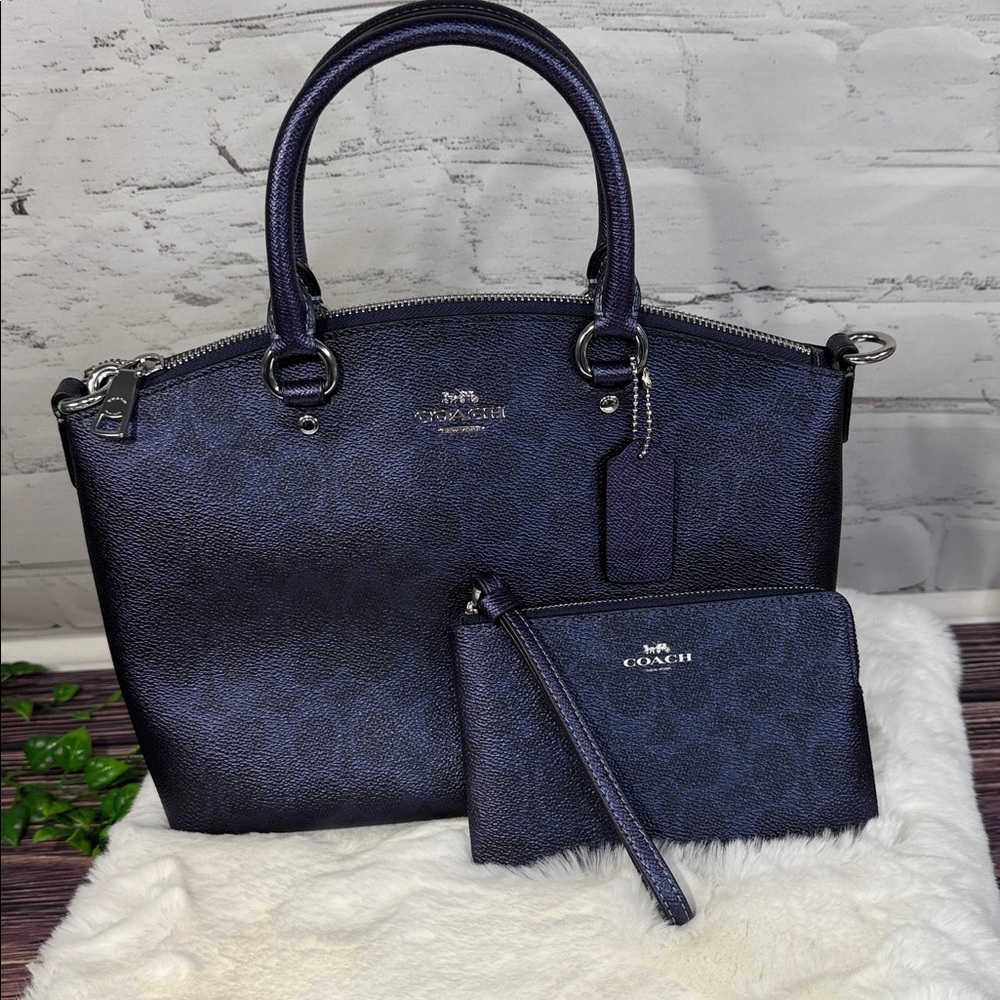 NWT COACH Navy Dark Blue logo print Sadie Satchel, Wristlet, Dust bag BUNDLE. - Picture 14 of 16